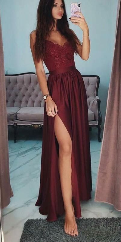 Great A-Line Strapless Spaghetti Side Split Cheap Modest Long Burgundy Dresses …