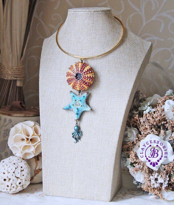 Beach Necklace Hand Painted Shell with Starfish Necklace Custom Ocean Necklace