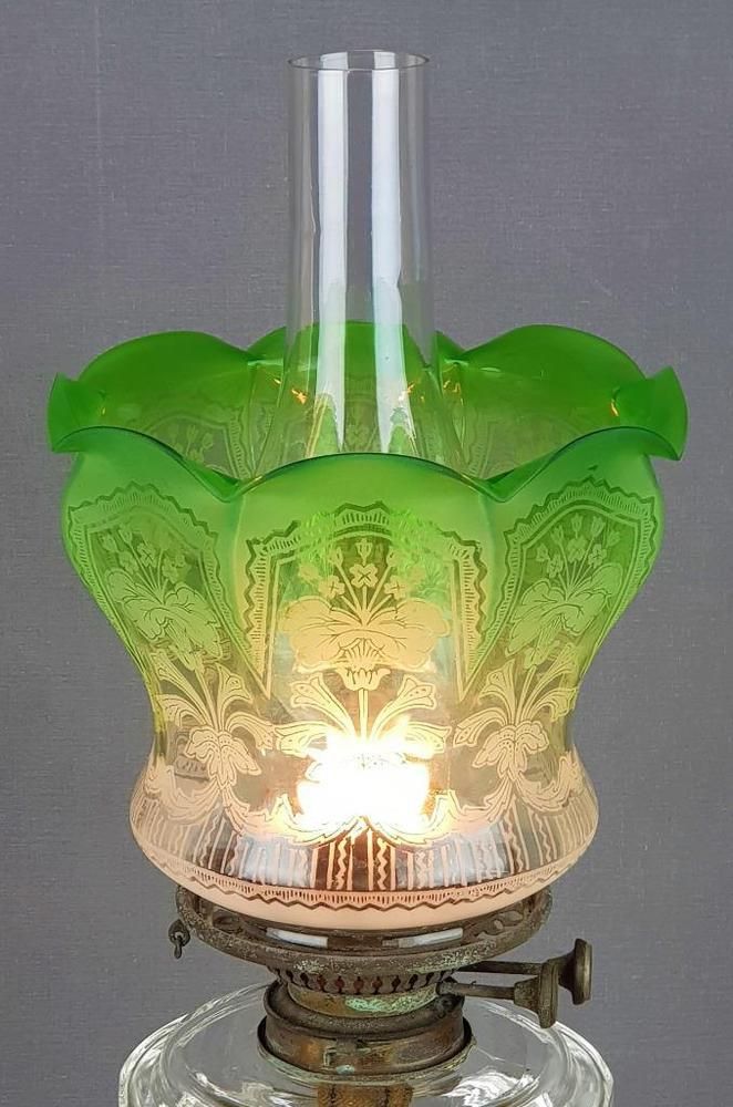 Original Green Etched Glass Duplex Kerosene Paraffin Oil Lamp Shade Art Nouveau Antique Shades Shabby Chic Square Antique Lamp Shades, Vintage Glass Oil Lamp Shades