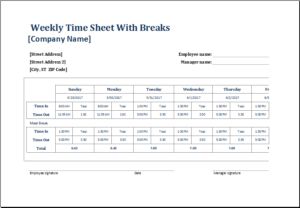 Weekly time sheet with breaks DOWNLOAD at http://www.templateinn.com/8-time-sheet-templates-for-timekeepers/