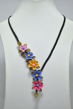 vintage pink blue yellow mini floral necklace,blue necklace,colorful necklace,pi...