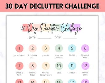 the 30 day declutter challenge is shown in pink blue and green colors the 30 day declutter challenge is shown in pink blue and green colors