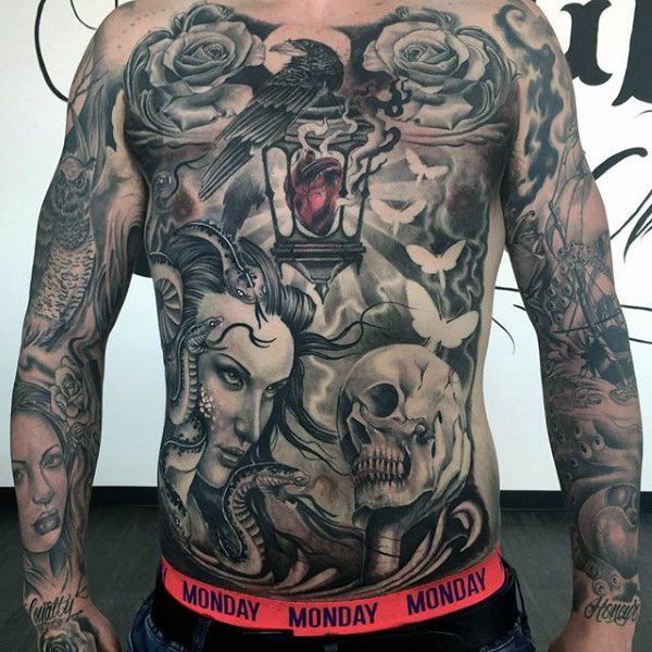 Pin By Pigeon On Tattoos Torso Tattoos Chest Piece Tattoos Full Chest Tattoos