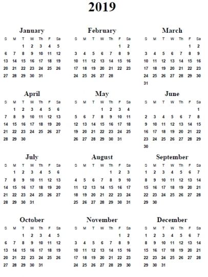 2019 calendar word 12 month calendar in one pages calendar printable 2019 calendar in word