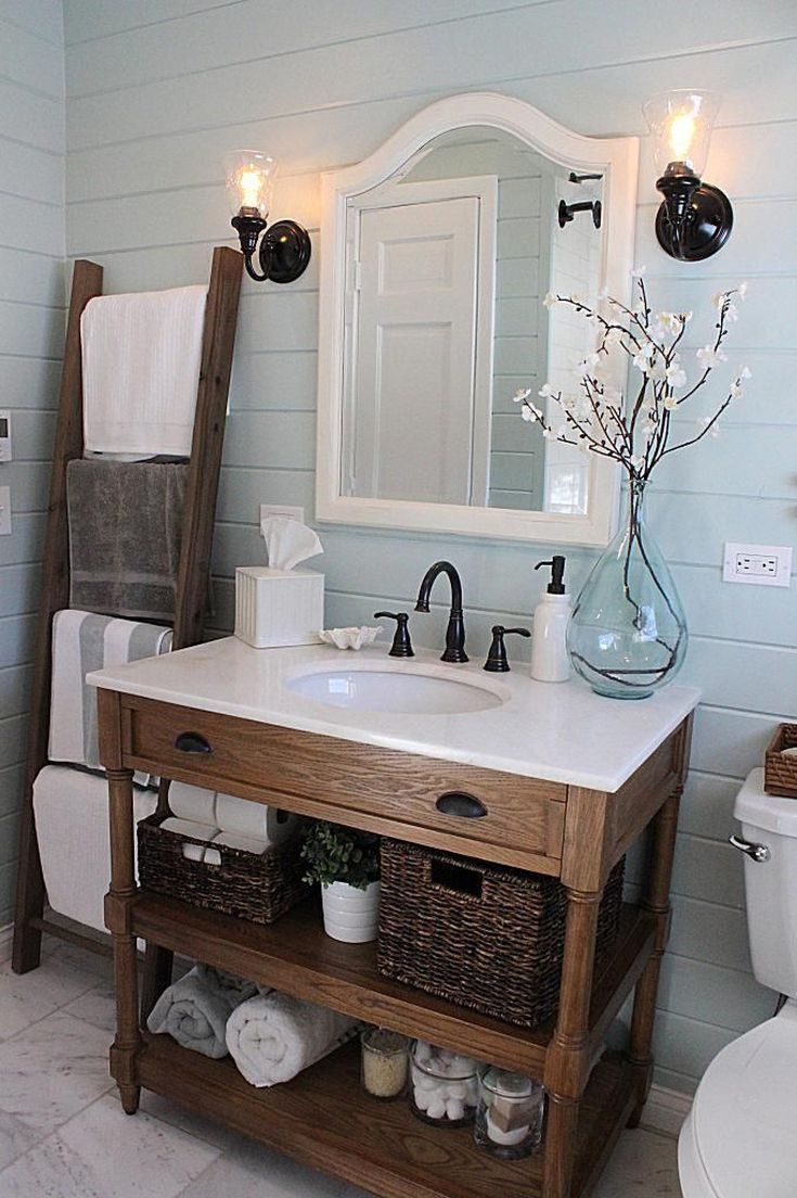 Baby Blue Bathroom W Antique Sink And Old Ladder Holding Towels Farmhouse Bathroom Decor Home Decor Inspiration Bathrooms Remodel