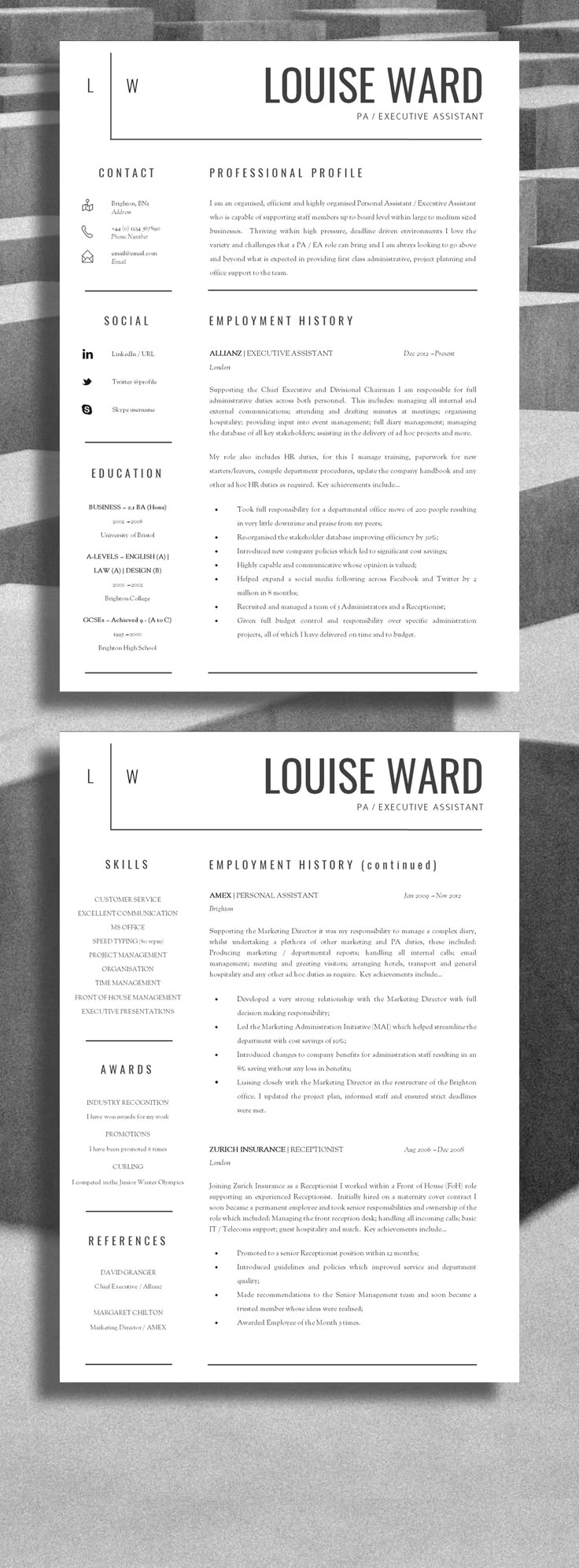 two resume templates on top of each other in black and white, with the same font