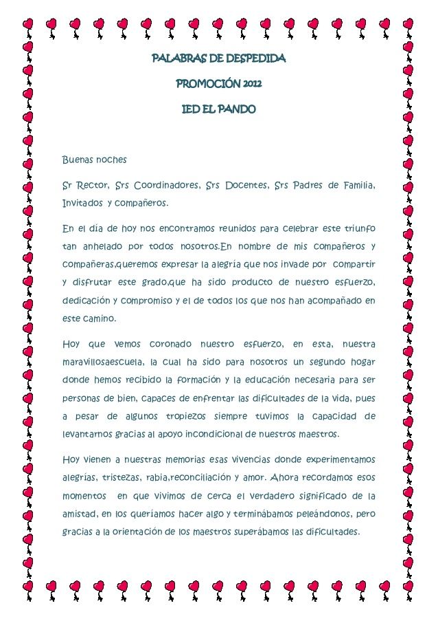 palabras de despedida promoción 2012 ied el pandobue bullying essay examples