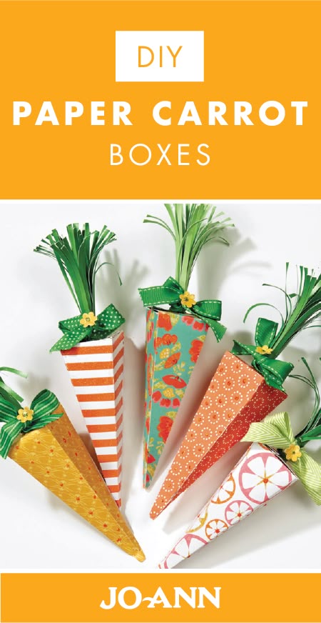 Set out one of these DIY Paper Carrot Boxes on each of the place settings of your Easter table for a charming addition. Using a variety of funky patterned papers from Jo-Ann, you can easily make up these spring-themed pieces.