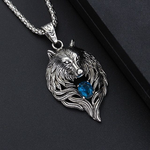 Men/'s Engraved Wolf/'s Head Obsidian Pendant Long Beaded Chain Necklace Gift