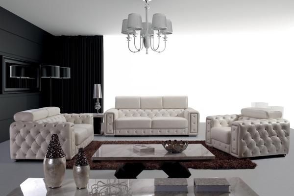 Modern Tufted Leather Sofa Set With Crystals Living Room White Sofas Modern Tufted Leather Sofa Set With, Tufted Modern Sofa Set