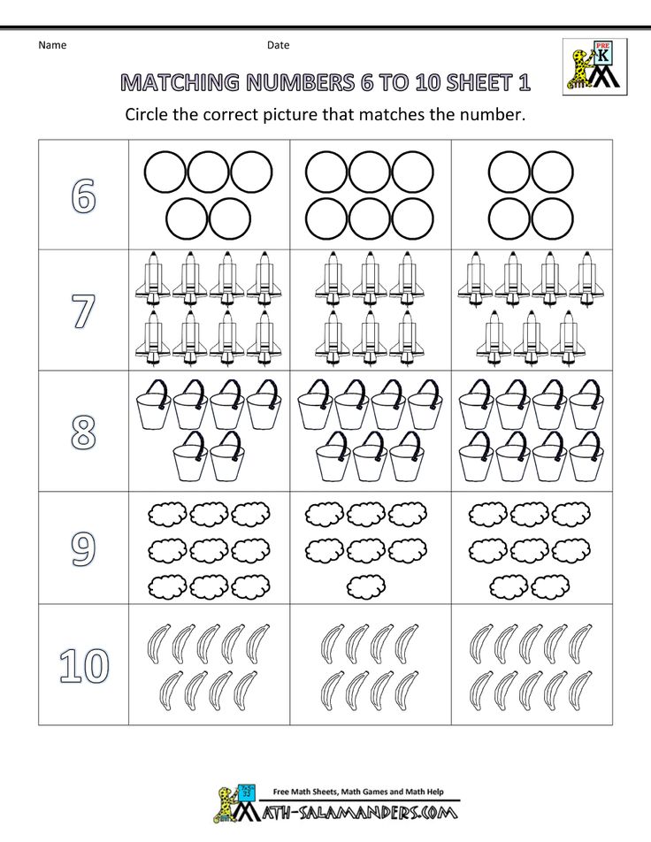 free preschool math worksheets matching numbers to 6 to 10 1 pre k