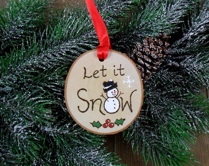 En bois Bonhomme de neige Arbre de Noël décoration /"LET IT SNOW/" fait main