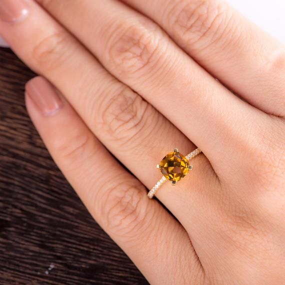 Citrine Engagement Ring,Micro Pave,14k Yellow Gold,Birthstone band,Anniversary ring,Promise ring,Eternity,Stackable Band,Gift for her