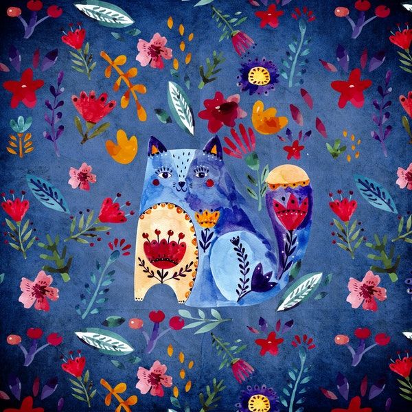 Doodle Cat and Flowers Wall Mural / Wallpaper Children in