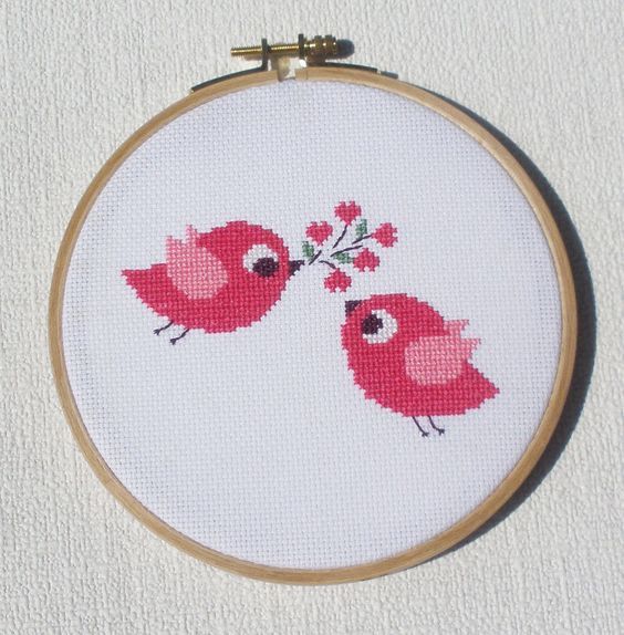 Birds in love is a pattern, not the completed work. I designed it myself. On 16-count aida the design measures 4.6*3.0 inches. Sizes will change with count size. Design used 5 DMC thread colors. This pattern is in PDF format and consists of a floss list, and a color symbol chart. If you have any questions about this pattern, please ask me. I will contact you with any further instructions when order is received. After the payment successfully processes, the buyer will receive an automatic ema
