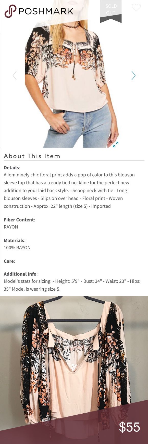 FREE POPLE Coral Blush Floral And Black Top FREE POPLE Coral Blush Floral And Black Top