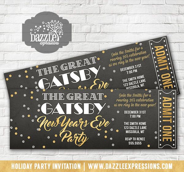 Printable The Great Gatsby Inspired New Years Eve Party Ticket Invitation | Gold and Silver Confetti | Roaring 20's Holiday Party | Ring in the New Year | Birthday or Any Event | Cocktails Party | Adult NYE Party | Mask Ball | Matching Party Decorations Available! Banner, Food Labels, Favor Tag, Drink Label, Signs, Straw Flags | www.dazzleexpress...