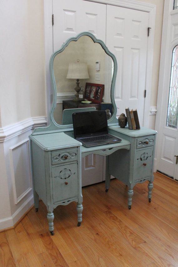 Vintage Vanity Desk Annie Sloan Chalk Paint Duck Egg Dressing Table Mirror Refurbished Furniture Inspiration Vintage Vanity Desk Annie Sloan Chalk, Chalk Painted Vanity Desktop