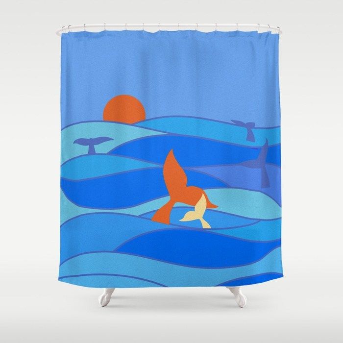 Whale Shower Curtain Sea Mammal with Seagull Print for Bathroom