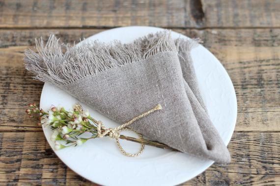 Set of 6 Linen Napkins Gray Cloth Serviette Napkins Linen Napkins Gray linen napkins with fringes