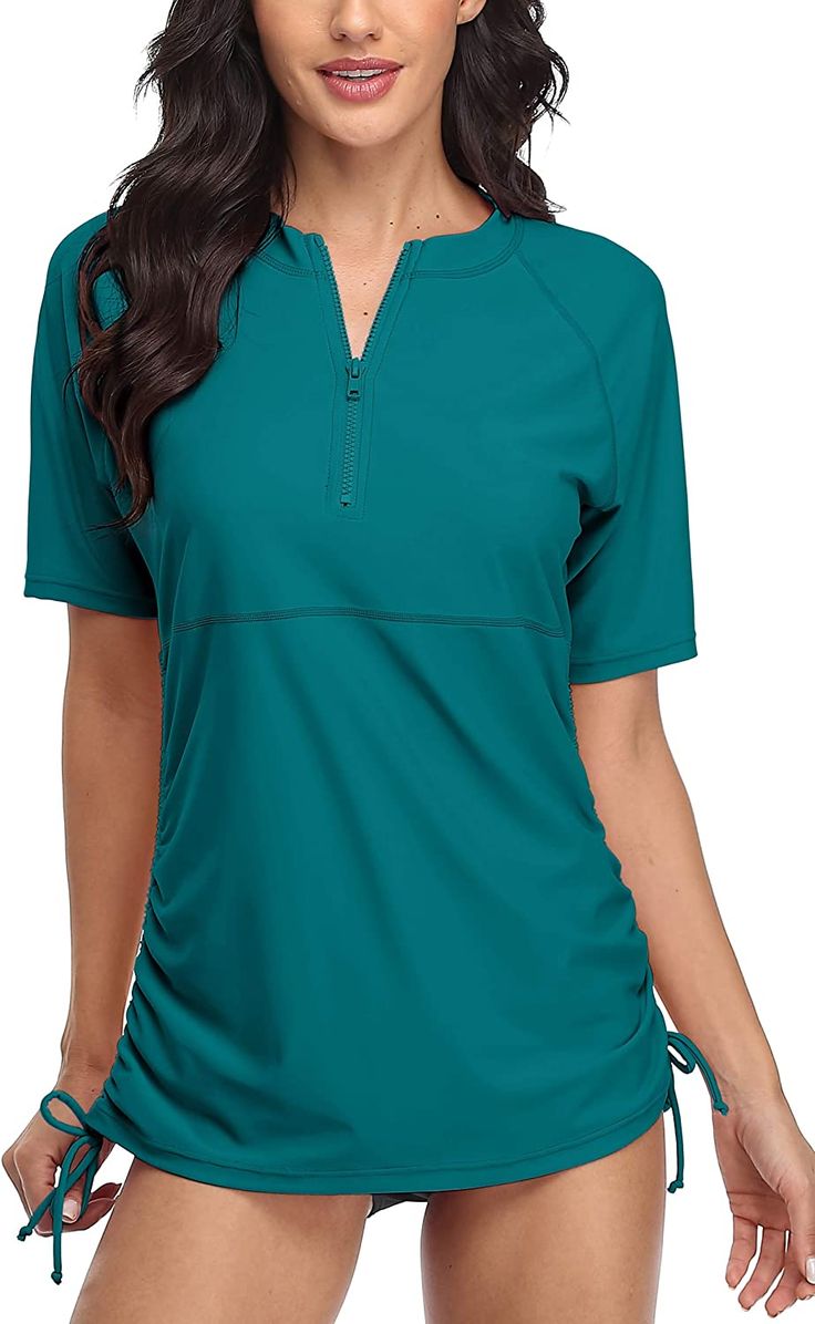 ATTRACO Women Short Sleeve Rash Guard Half-Zip Adjustable Drawstring UPF 50 Swim Shirt ATTRACO Women Short Sleeve Rash Guard Half-Zip Adjustable Drawstring UPF 50 Swim Shirt