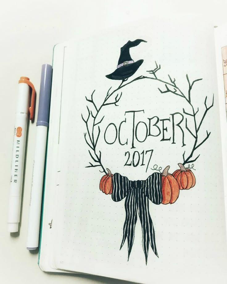 Halloween theme bullet journal layouts including October monthly cover page by @...