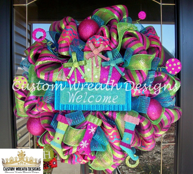 colorful welcome christmas wreath 115 00 via etsy christmas wreath with mesh