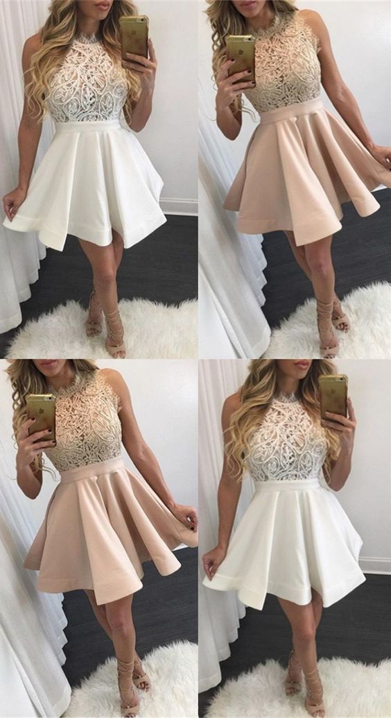 A-Line Round Neck Sleeveless White Satin Short Homecoming Dress with Lace – Graduation A-Line Round Neck Sleeveless White Satin Short Homecoming Dress with Lace – Graduation
