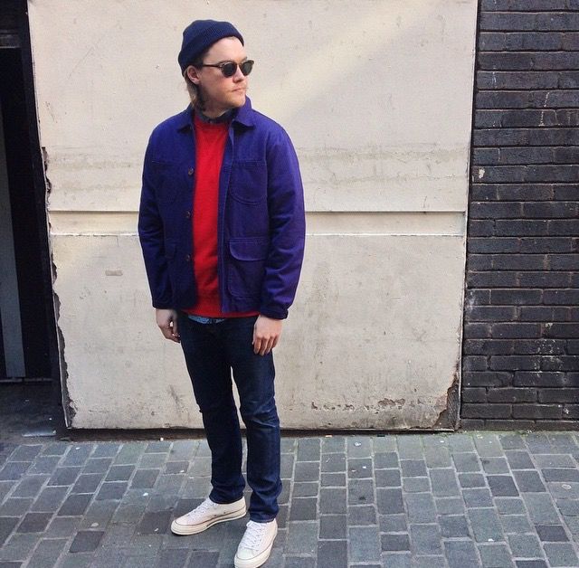 Chris wears; Universal Works Union Jacket in Work Blue, Edwin プライスダウン universal works workjacket Gジャン/デニムジャケット