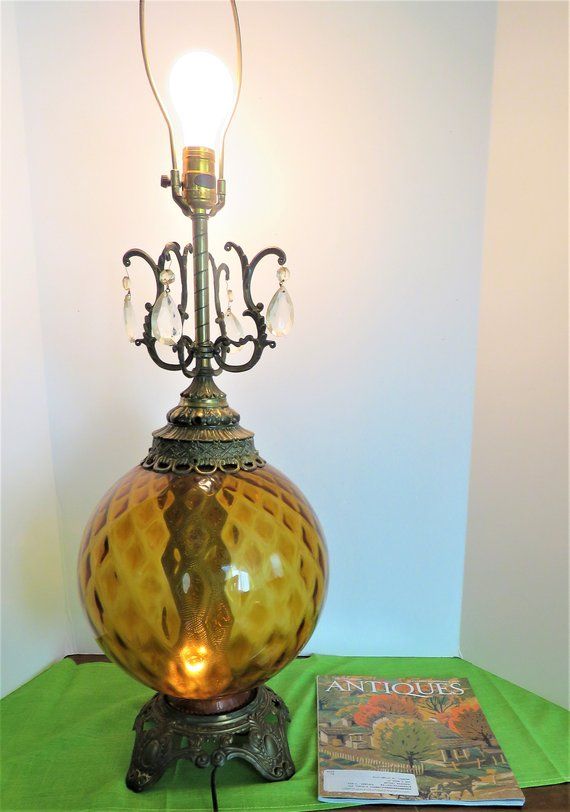Amber glass Globe Table lamp, Vintage Mid Century Large Amber glass Globe Table lamp, Vintage Mid Century Large