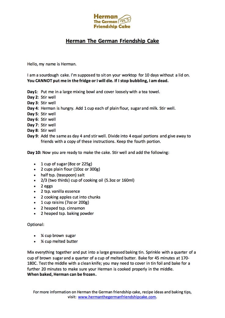 Herman The German Friendship Cake Instructions Herman The German Friendship Cake Instructions