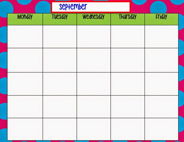 Monday through Friday Calendar Template | Weekly calendar template