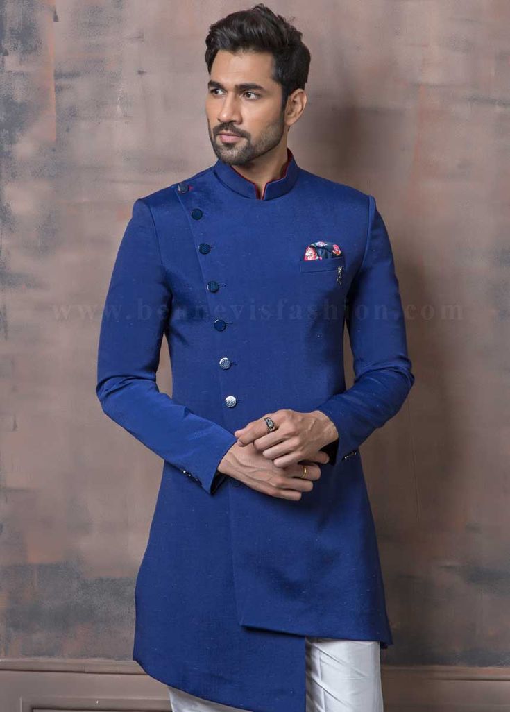 Asymmetric Royal Blue Indowestern Sherwani | Mens indian wear, Mens ...