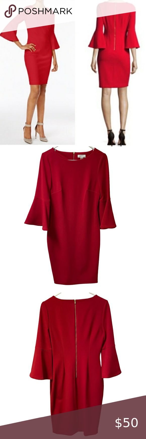 Calvin Klein Women's Red Bell Sleeve Sheath Holiday Career Party