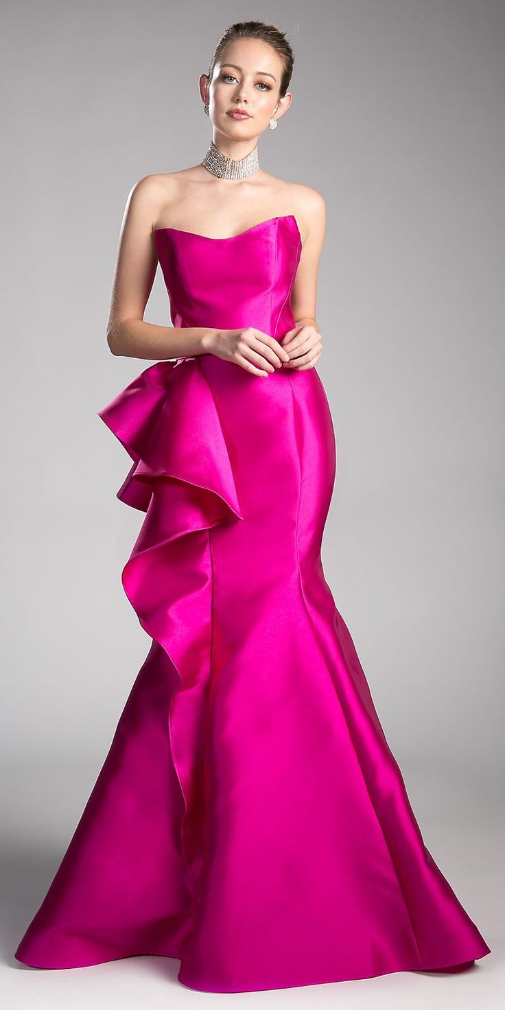 Red Mermaid Strapless Prom Gown with Ruffles | Fushia dress, Gowns ...