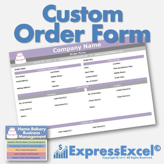 The Home Bakery Business Management Excel Spreadsheet download includes... ✔Custom Order Form Template ✔Custom Receipt Template ✔Cake Pricing Calculator ✔Exactly what your small business needs to get started!