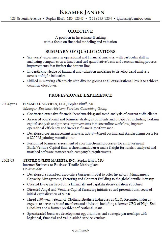 Sample Resume for someone seeking a job in Investment Banking with a focus on Financial Modeling and Valuation