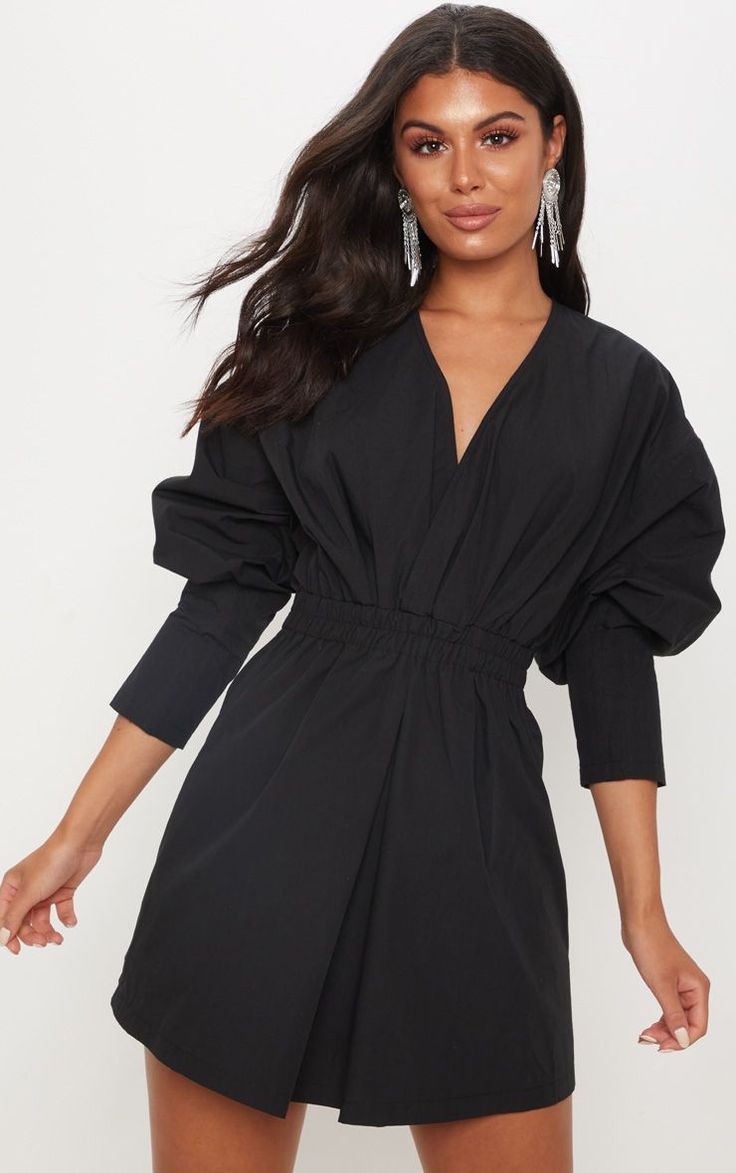 Black Plunge Ruched Shirt Dress | Shirt dress, Women dress online, Wrap ...