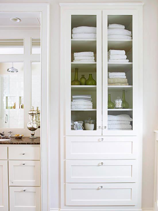 I Love Adding Glass Storage Cabinets To Bathrooms It Keeps The Space Open Vertically And Yo Built In Bathroom Storage Bathroom Linen Closet Bathroom Storage