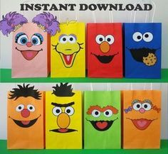 DIY Sesame Street Party Favor Bags/ Party Ideas/ Decor/ Decoration/ Favors. Visit my Etsy Shop to purchase these Printable Templates. Sesame Street/ Elmo/ Cookie Monster/ Abby Cadabby/ Oscar/ Big Bird/ Party/ Favors/ Goody/ Candy/ Goodie/ Favor/ Gift/ Loot/ Treat/ Bags/ Bag/ Boxes/ Sesame Street Birthday Party banner/ invite/ invitation/ cake/ cupcake toppers/ ideas/ free/ download/ Plaza Sesamo Fiesta/ Festa/ Bolo/ Pastel/ lembrancinhas/ piñata/ bottle labels/ balloons