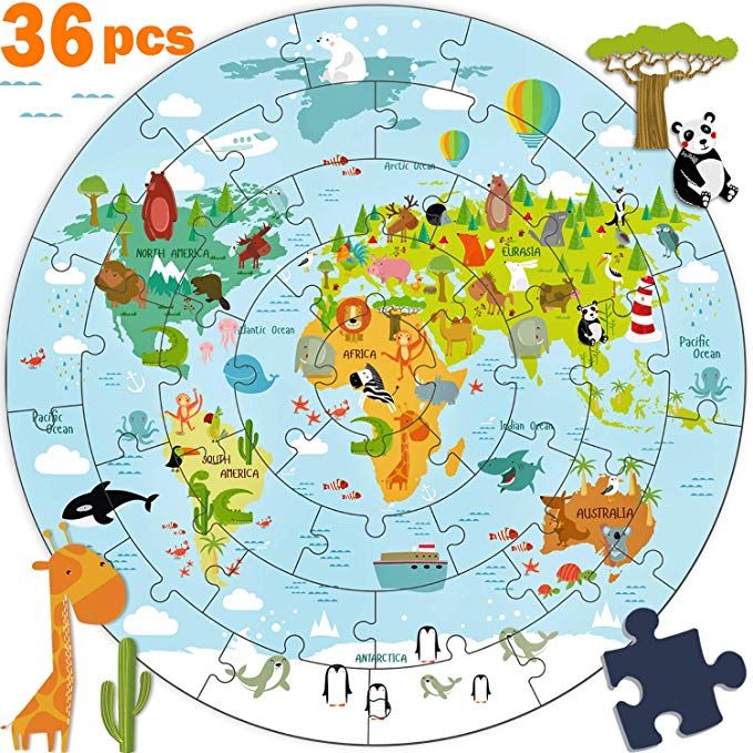 Amazon Com Iplay Ilearn Kids Wooden World Map Jigsaw Puzzle Toy Jumbo Floor Puzzle W Continents Oceans Ani Geography Toys World Map Puzzle Learning Toys