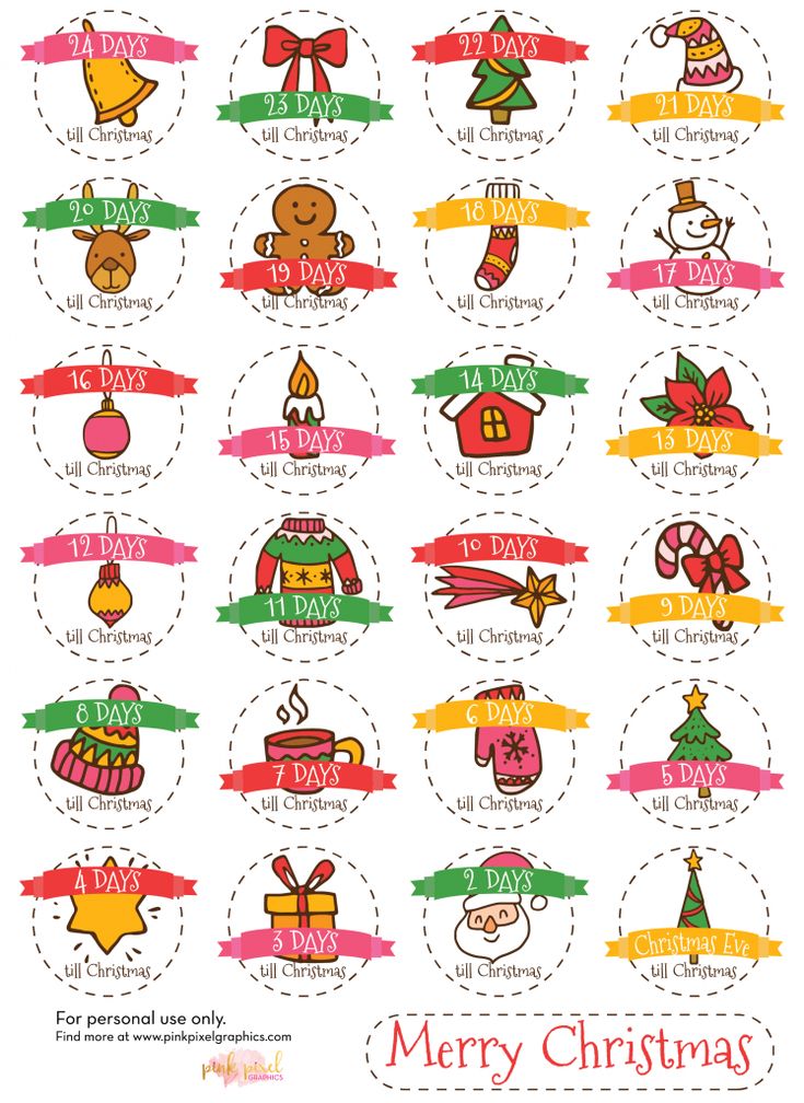 Download free Christmas Countdown planner printable stickers for Happy Planner, Erin Condren (ECLP) and more. Free and Functional planner sticker printables. See more at www.pinkpixelgraphics.com