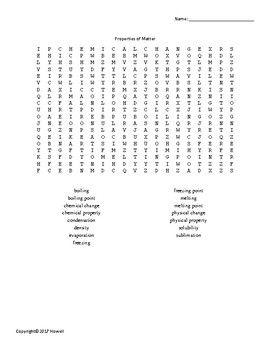 properties of matter vocabulary word search for physical science