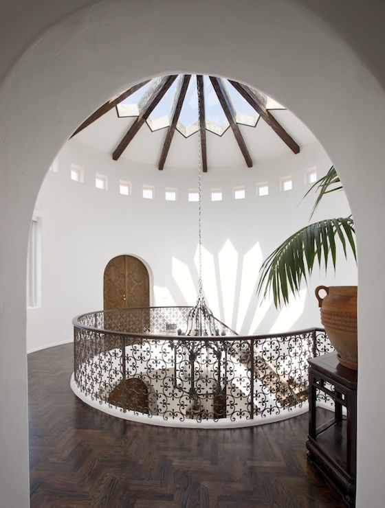 Spanish Style Home With Dome Glass Ceiling Iron Staircase Railing And Wood Floors In Chevron Spanish Style Home With Dome Glass Ceiling Iron Staircase Railing And Wood Floors In Chevron