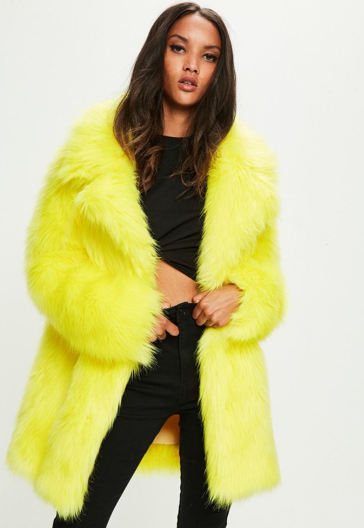 Missguided Yellow Faux Fur Coat With Collar Missguided Yellow Faux Fur Coat With, Yellow Faux Fur Collar Coat