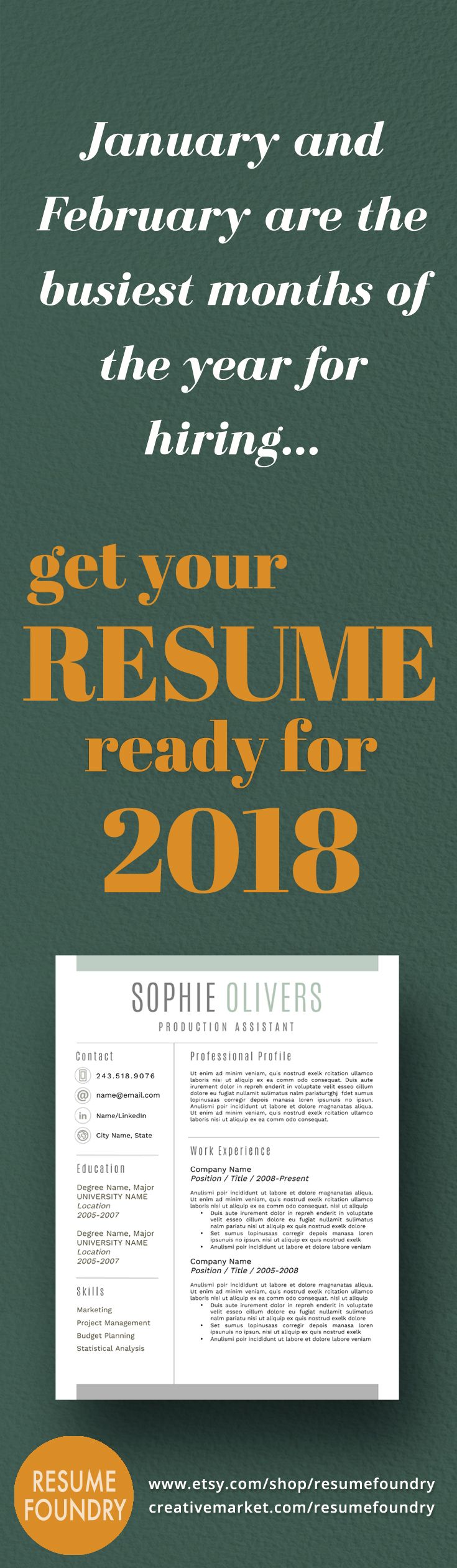January and February are the busiest months of year for hiring. Update your resume today using a professional resume design. Instant download, use with Microsoft Word.