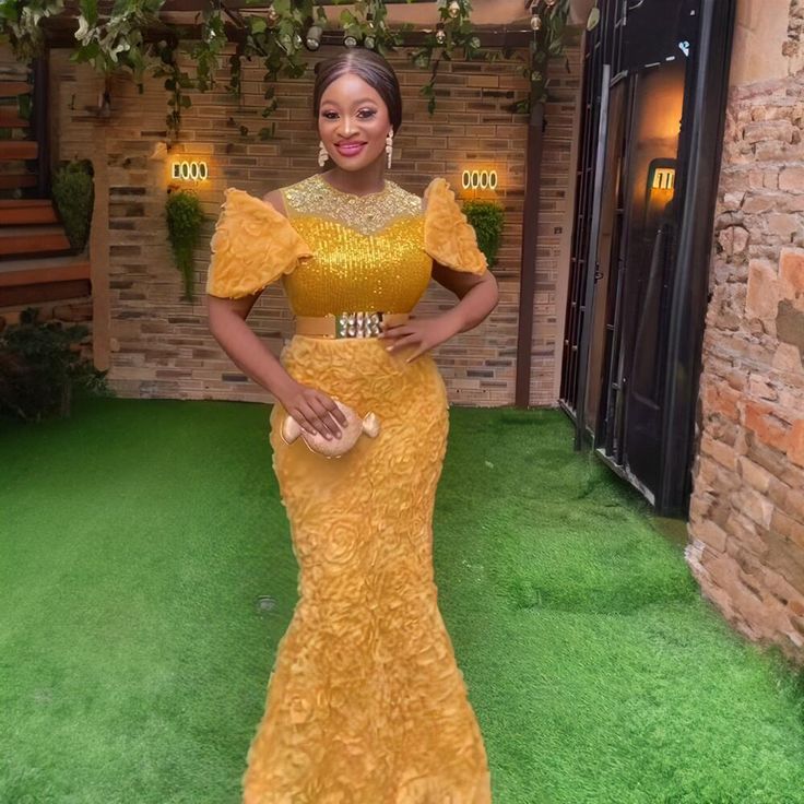 Three dimensional Embroidered Off neck Mesh Sequin Rhinestone Belted Evening Dress Yellow XXL