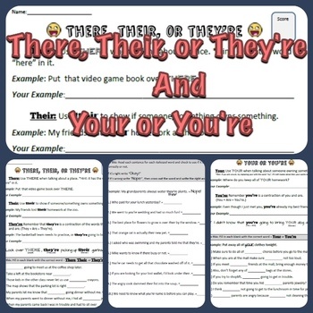 There, Their, or They're + Your or You're Worksheet Packet ... Your You Re Worksheet