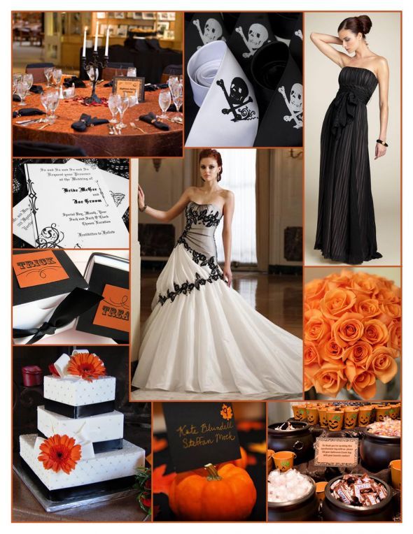 halloween wedding theme idea orange rose bouquet white with black lace wedding bride bridal gown dress black bridesmaid skull and bones orange and black