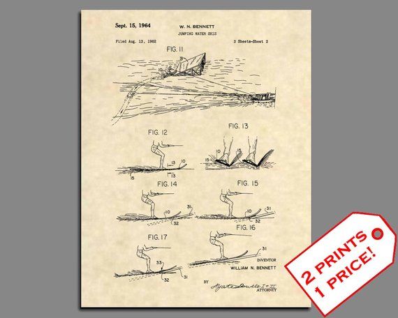 Ready To Be Framed! Patent Print 2 Print Set Cypress Garden Water Skis 1964